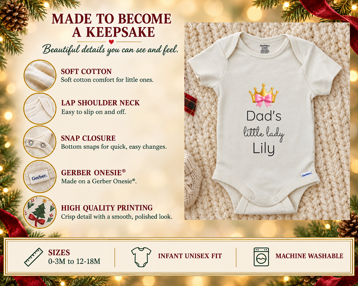 Dad's Little Lady personalized baby bodysuit with gold crown and pink bow, photo 3 of 6