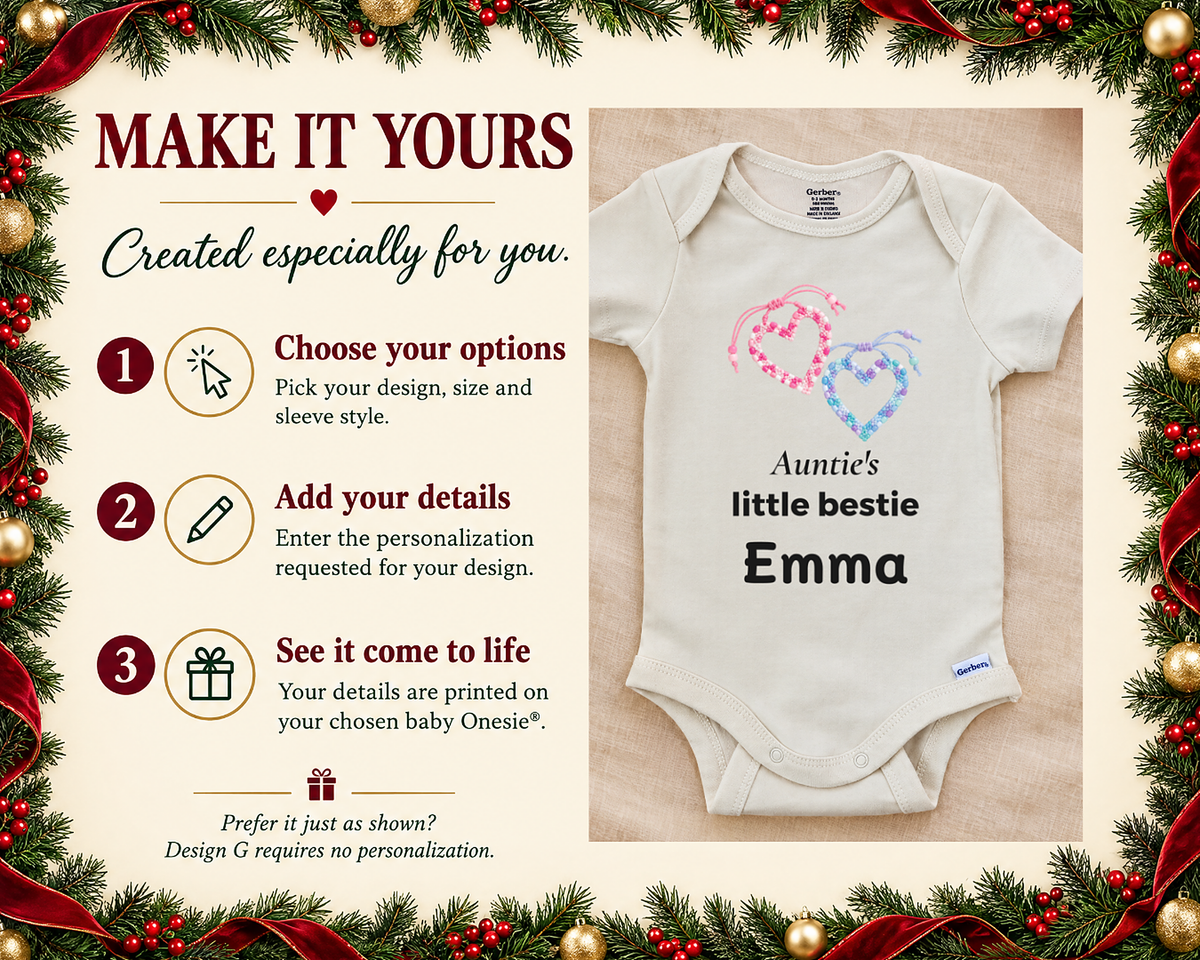 Make it yours: three steps to personalize beside the Auntie's Little Bestie personalized baby bodysuit on a cream blanket