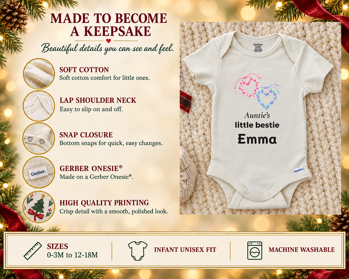 Made to become a keepsake: soft cotton Gerber Onesie details beside the Auntie's Little Bestie personalized baby bodysuit