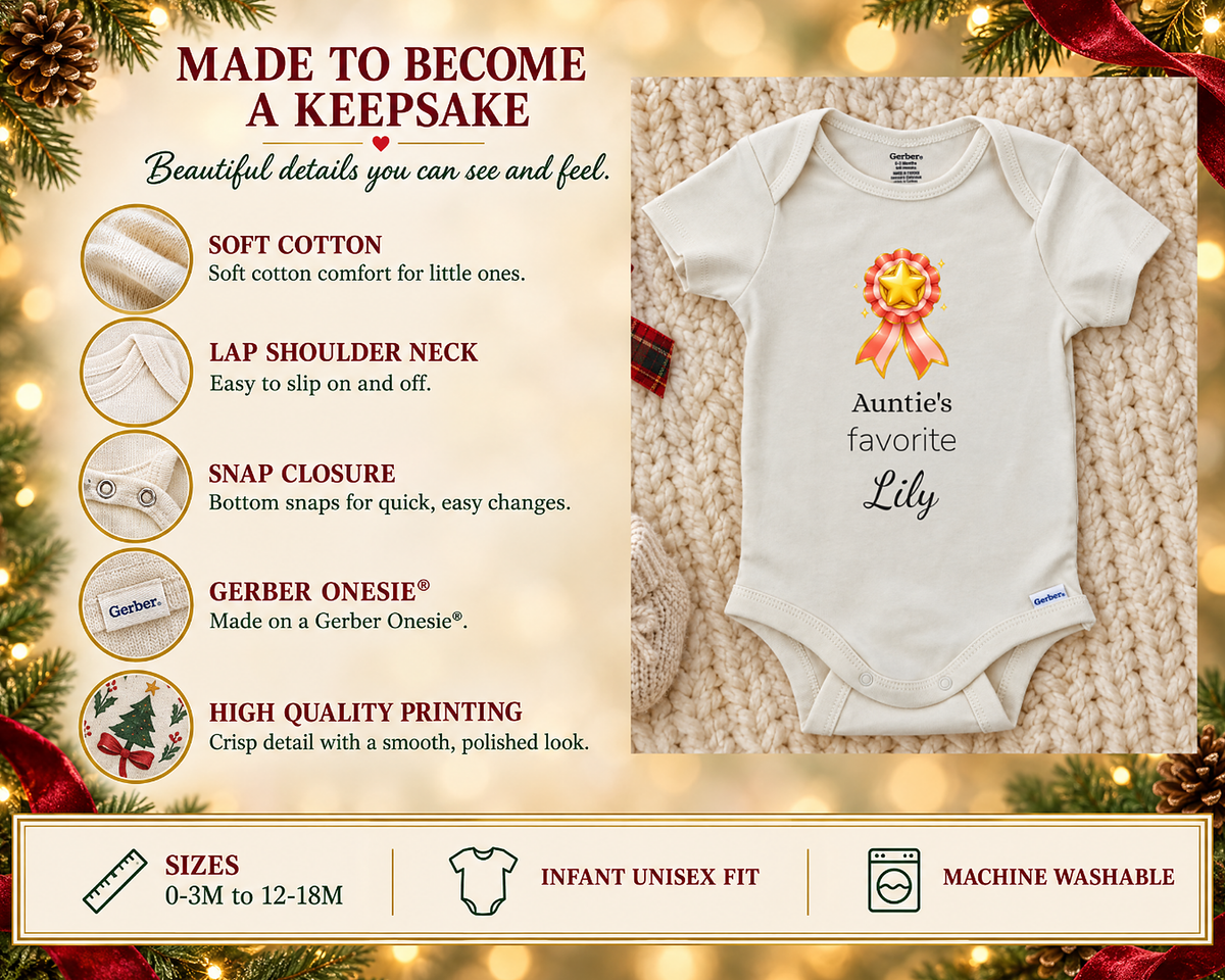 Made to become a keepsake: soft cotton Gerber Onesie details beside the Auntie's Favorite personalized baby bodysuit