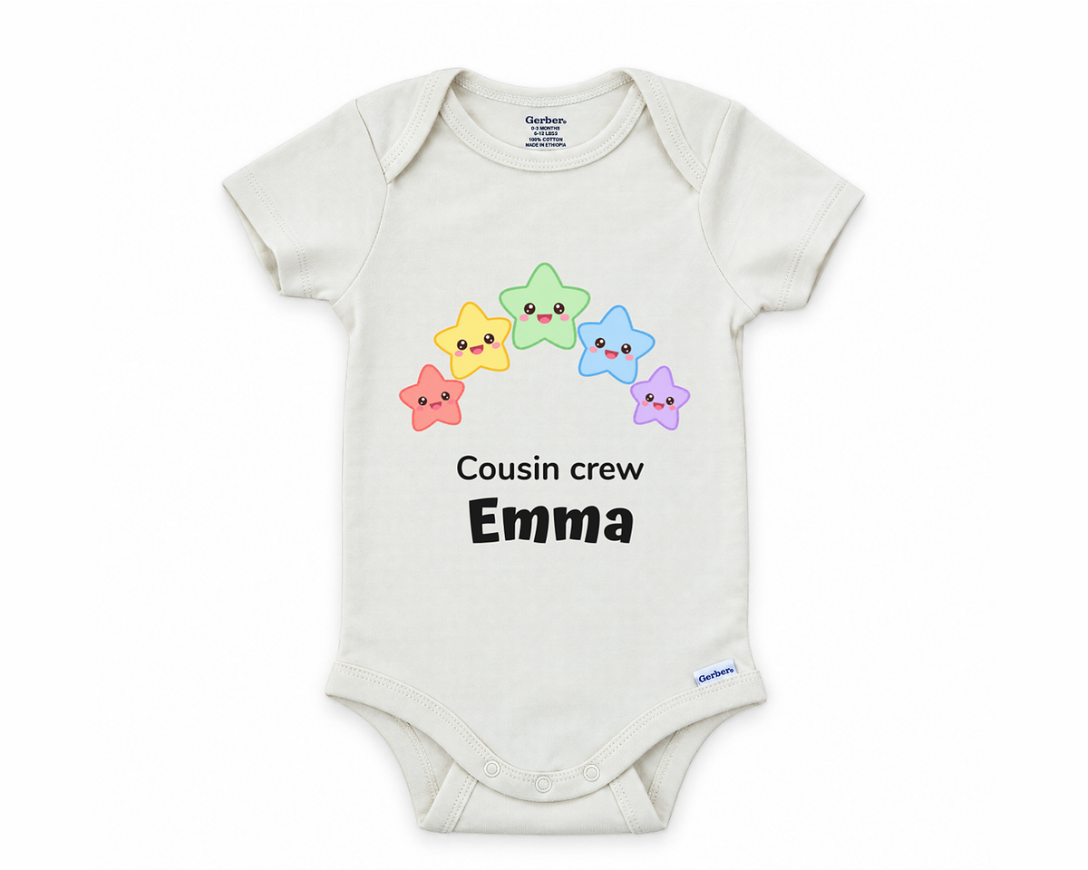 Cousin Crew personalized baby bodysuit with the rainbow stars design on a white background
