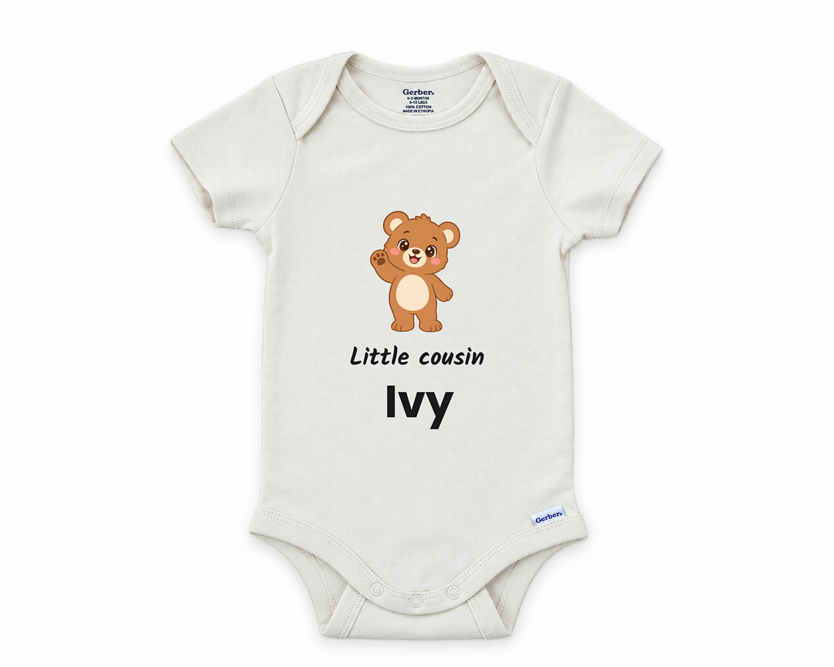 DESIGN C - Little Cousin teddy bear personalized baby bodysuit design