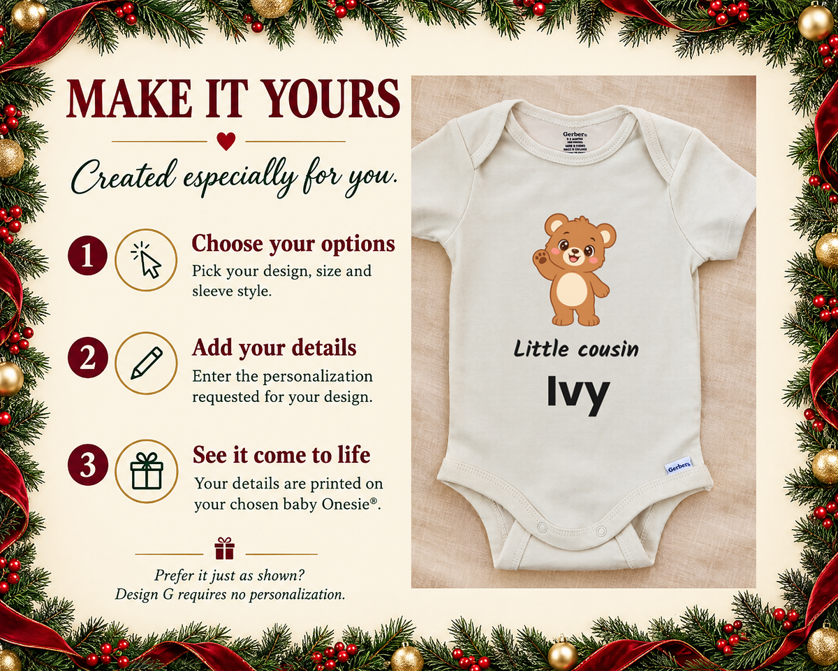 Make it yours: three steps to personalize, next to the Little Cousin teddy bear baby bodysuit on a cream blanket