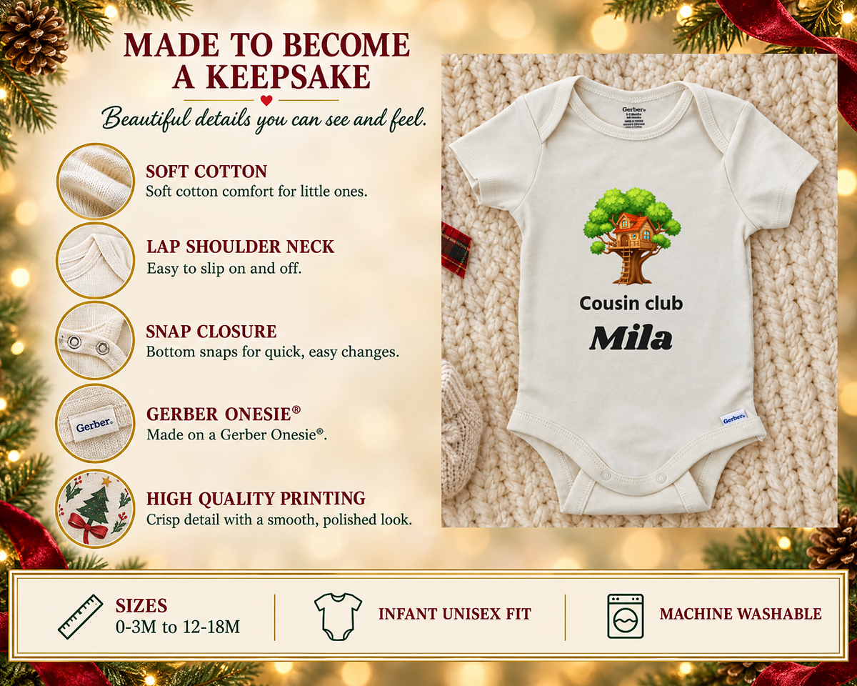 Made to become a keepsake: soft cotton Gerber Onesie details beside the Cousin Club treehouse baby bodysuit