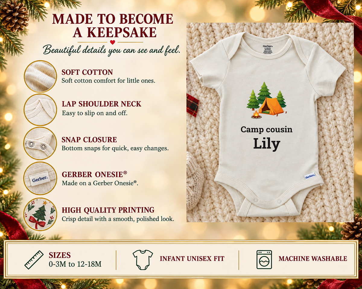 Made to become a keepsake: soft cotton Gerber Onesie details beside the Camp Cousin campfire baby bodysuit