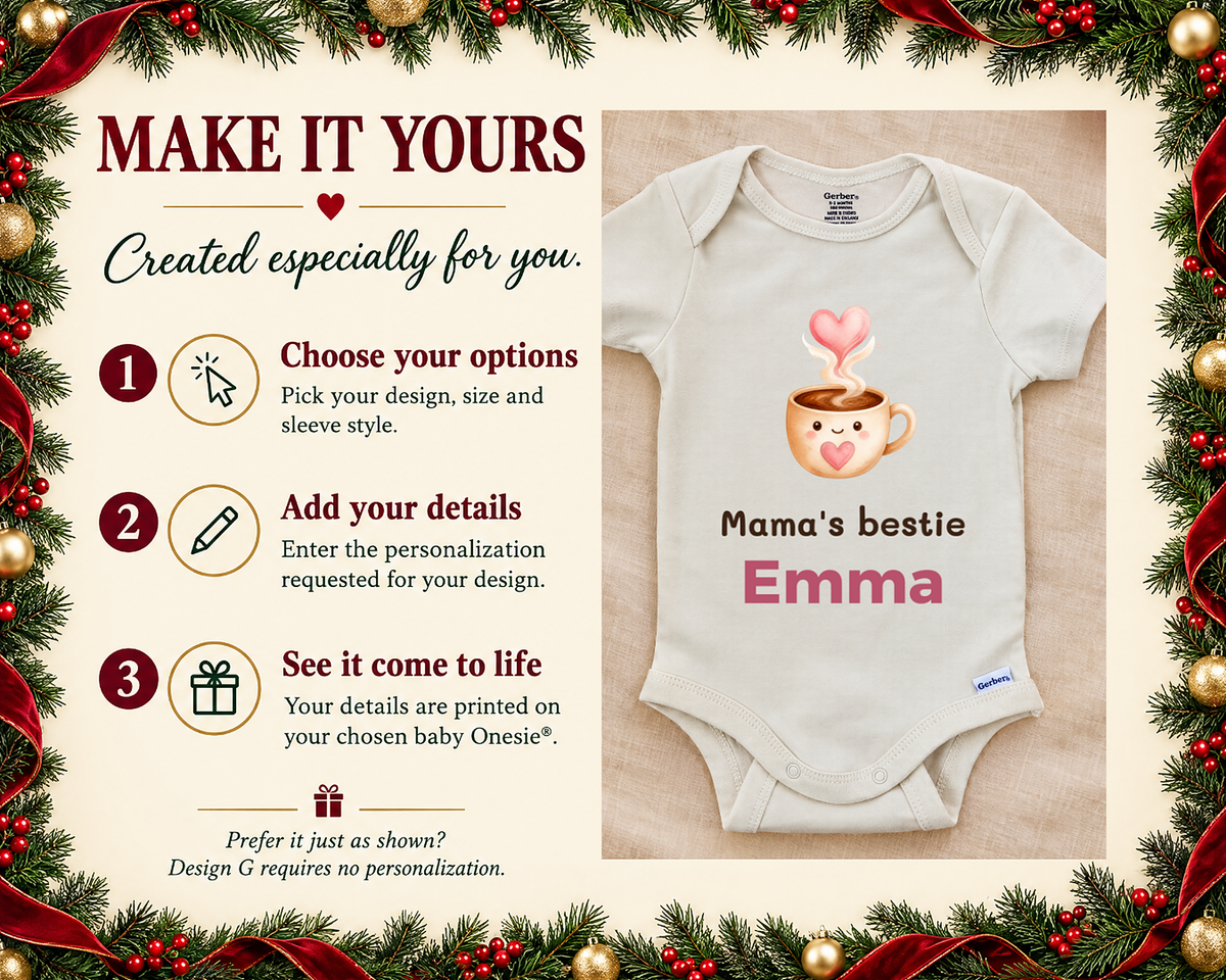 Make it yours: three steps to personalize, next to the Mama's Bestie coffee cup baby bodysuit on a cream blanket