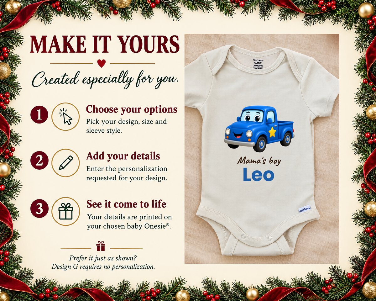 Make it yours: three steps to personalize, next to the Mama's Boy blue truck baby bodysuit on a cream blanket