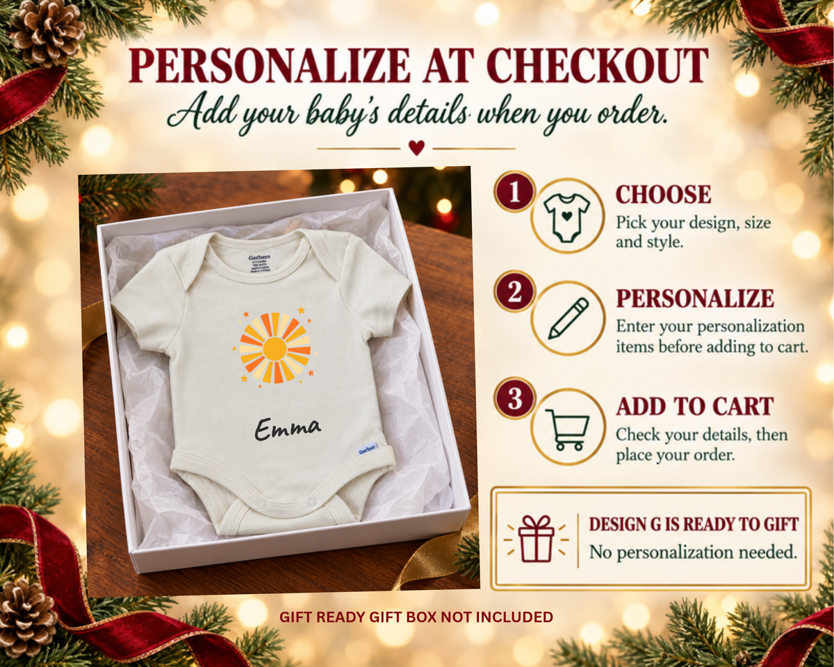 Personalize at checkout: three steps with the Emma personalized bodysuit in a gift box