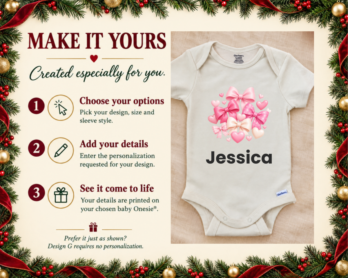 Make it yours: three steps to personalize, next to the Jessica personalized baby bodysuit on a cream blanket