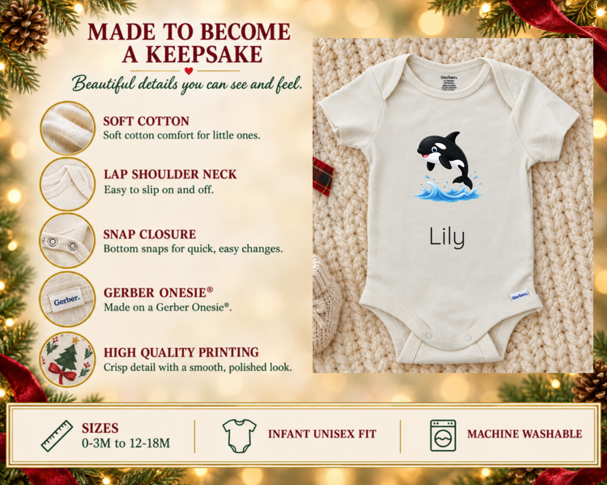 Made to become a keepsake: soft cotton Gerber Onesie details beside the Lily personalized baby bodysuit