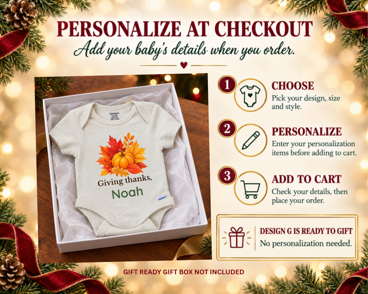 Giving Thanks autumn leaves and pumpkin personalized Thanksgiving baby onesie