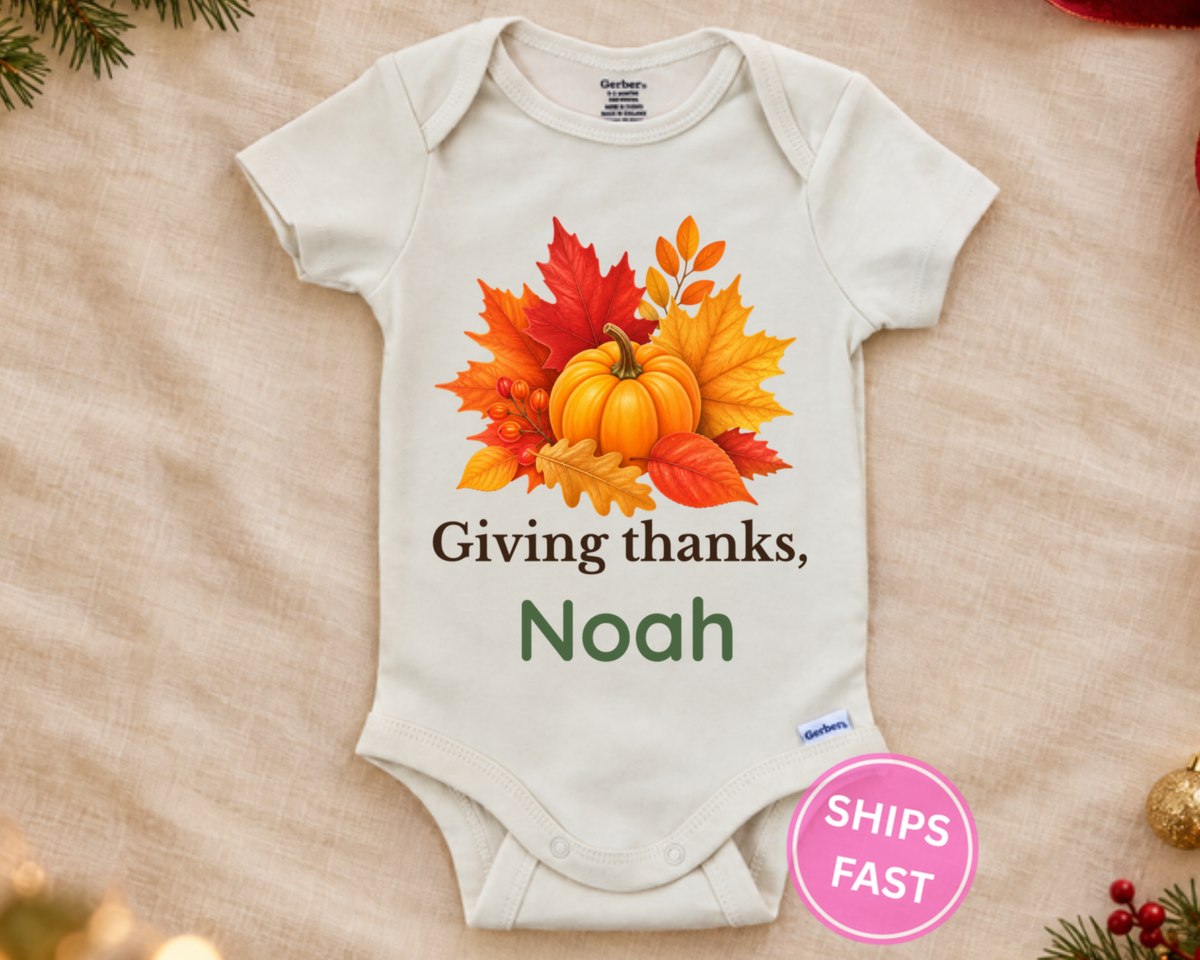 Giving Thanks autumn leaves and pumpkin personalized Thanksgiving baby onesie