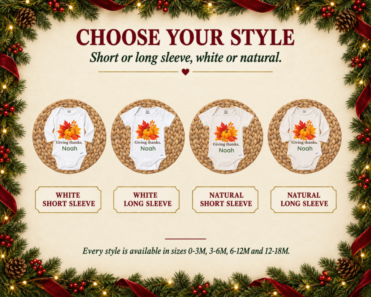 Giving Thanks autumn leaves and pumpkin personalized Thanksgiving baby onesie