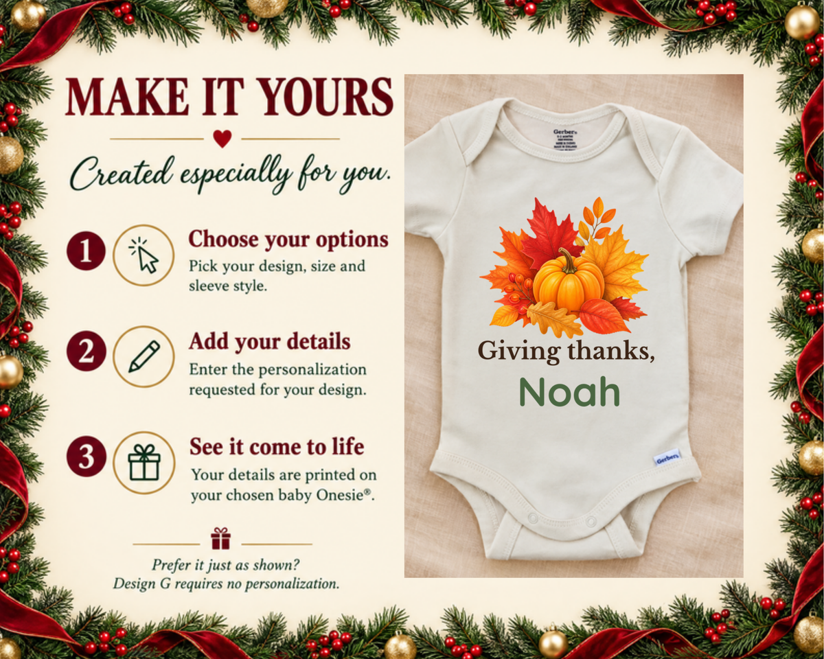 Giving Thanks autumn leaves and pumpkin personalized Thanksgiving baby onesie