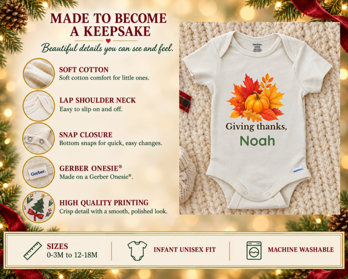 Giving Thanks autumn leaves and pumpkin personalized Thanksgiving baby onesie