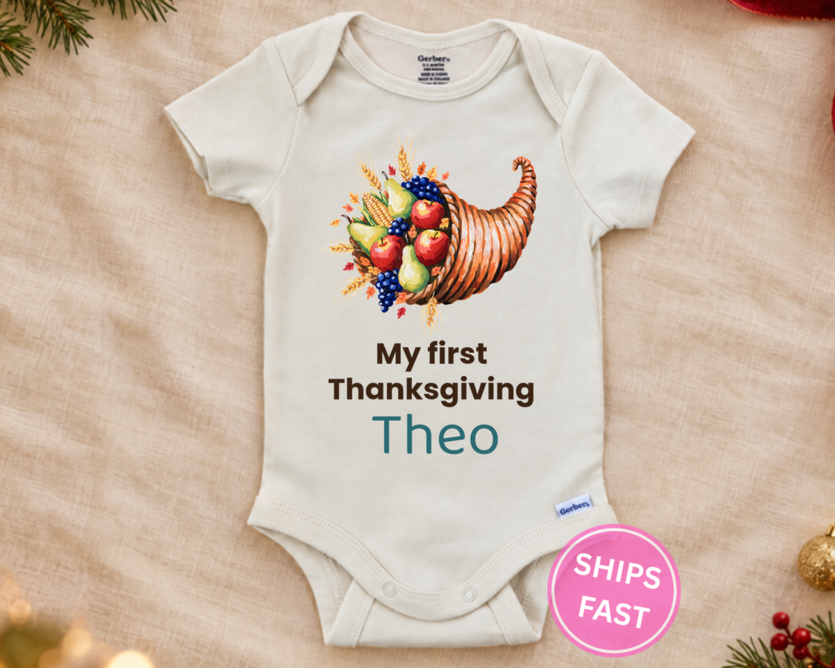 My First Thanksgiving cornucopia personalized baby onesie