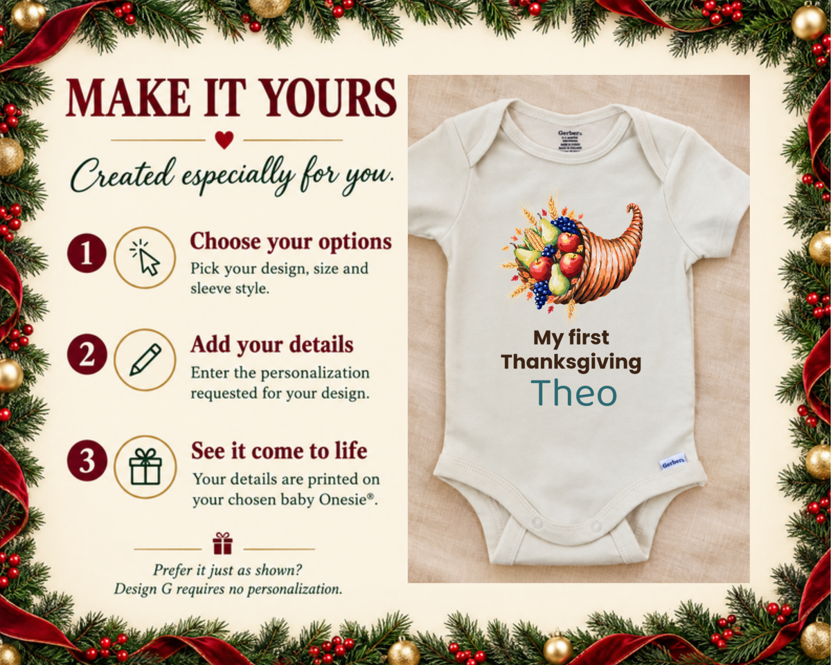 My First Thanksgiving cornucopia personalized baby onesie