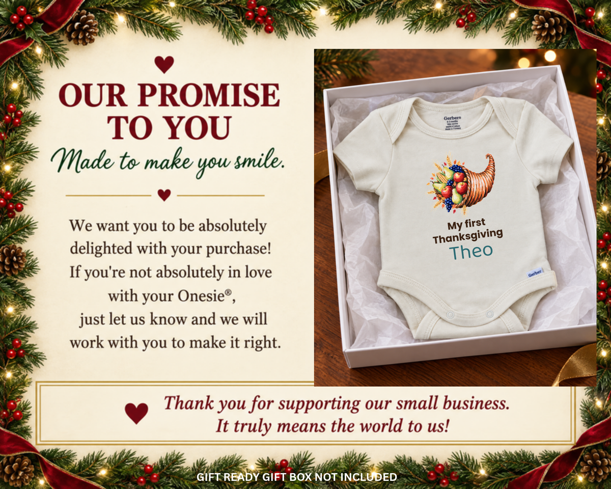 My First Thanksgiving cornucopia personalized baby onesie