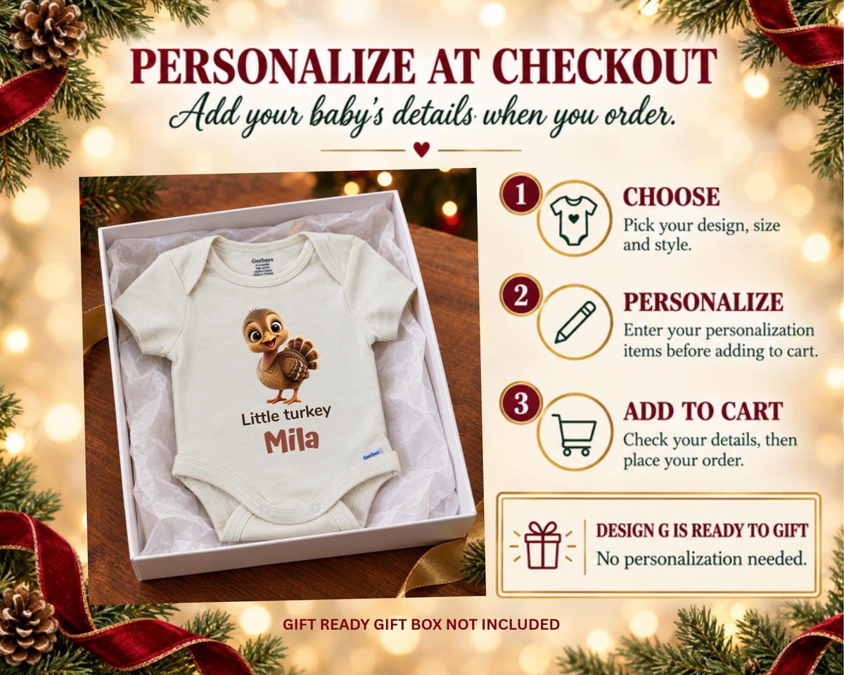 Little turkey personalized Thanksgiving baby onesie
