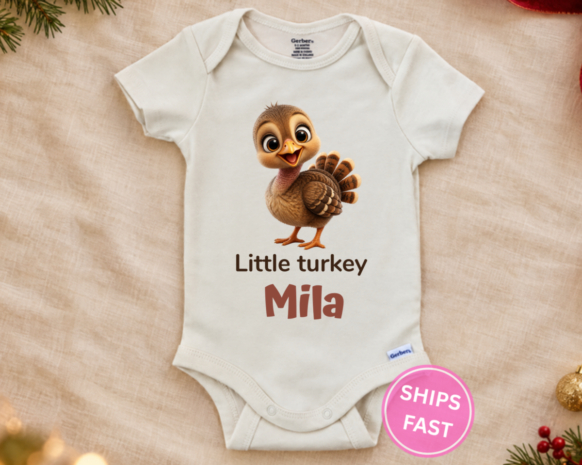 Little turkey personalized Thanksgiving baby onesie