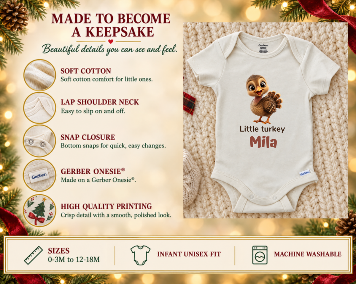 Little turkey personalized Thanksgiving baby onesie