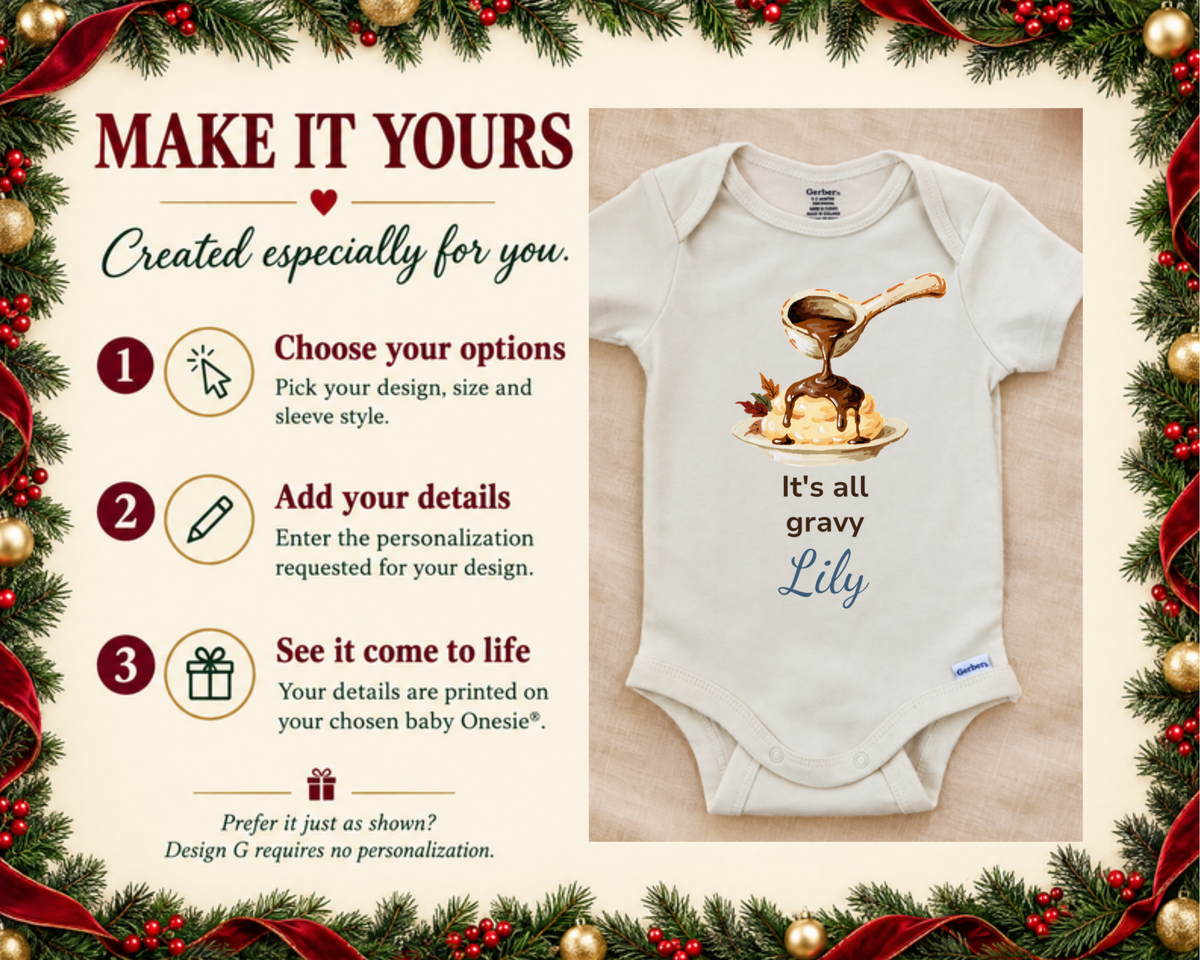 Gravy ladle over mashed potatoes personalized Thanksgiving baby onesie