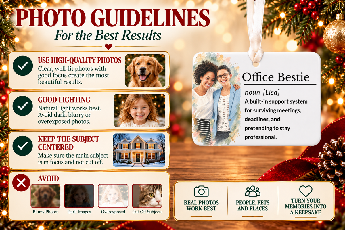 Photo tips page shown beside the Office Bestie story ornament