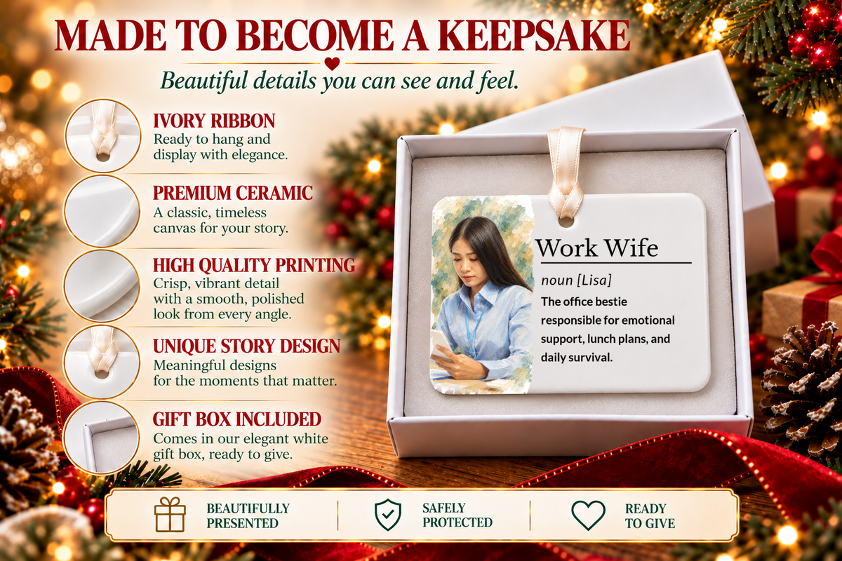 Work Wife ornament in its white gift box with ribbon, ceramic and print detail callouts