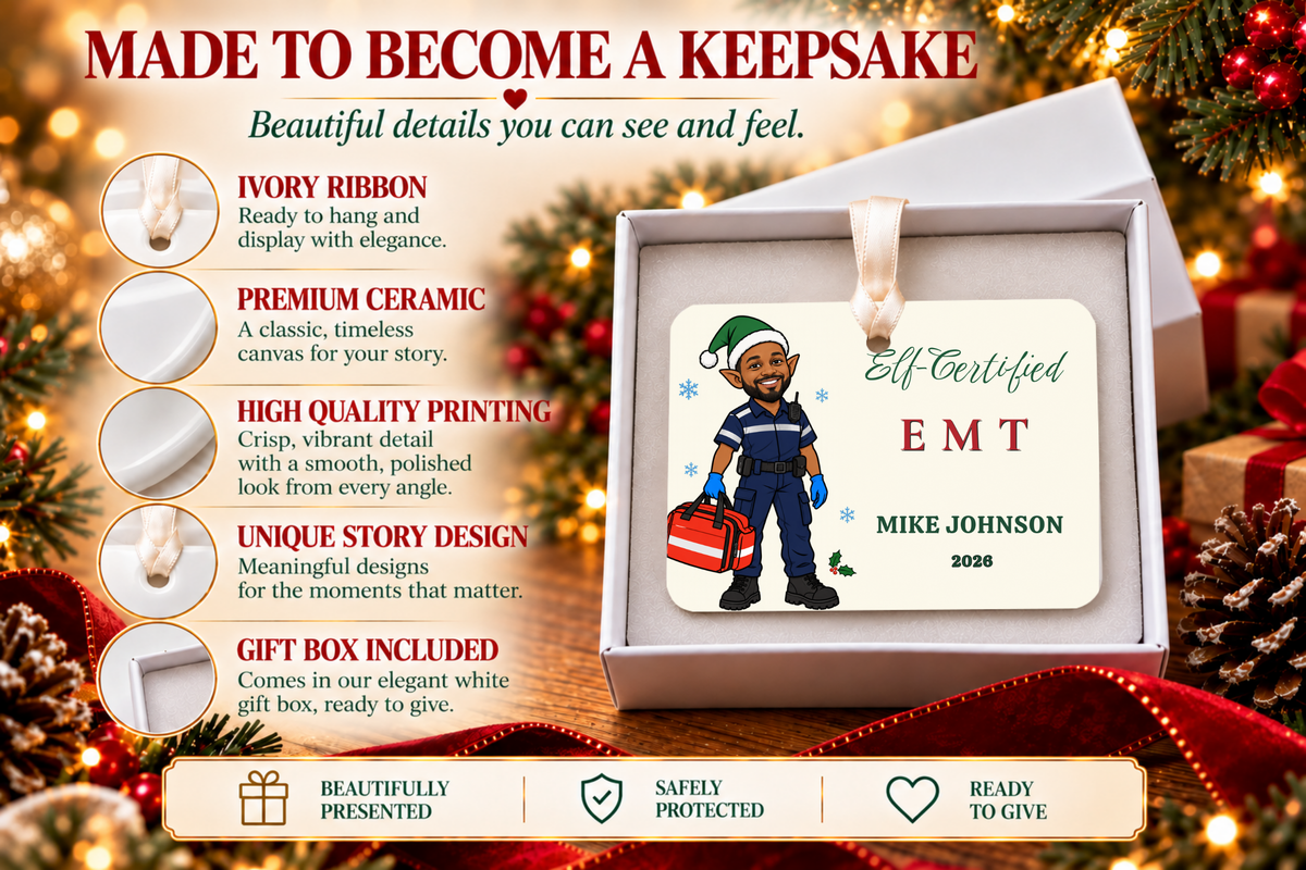 Funny EMT Elf-Certified personalized 4 x 3 in ceramic Christmas ornament