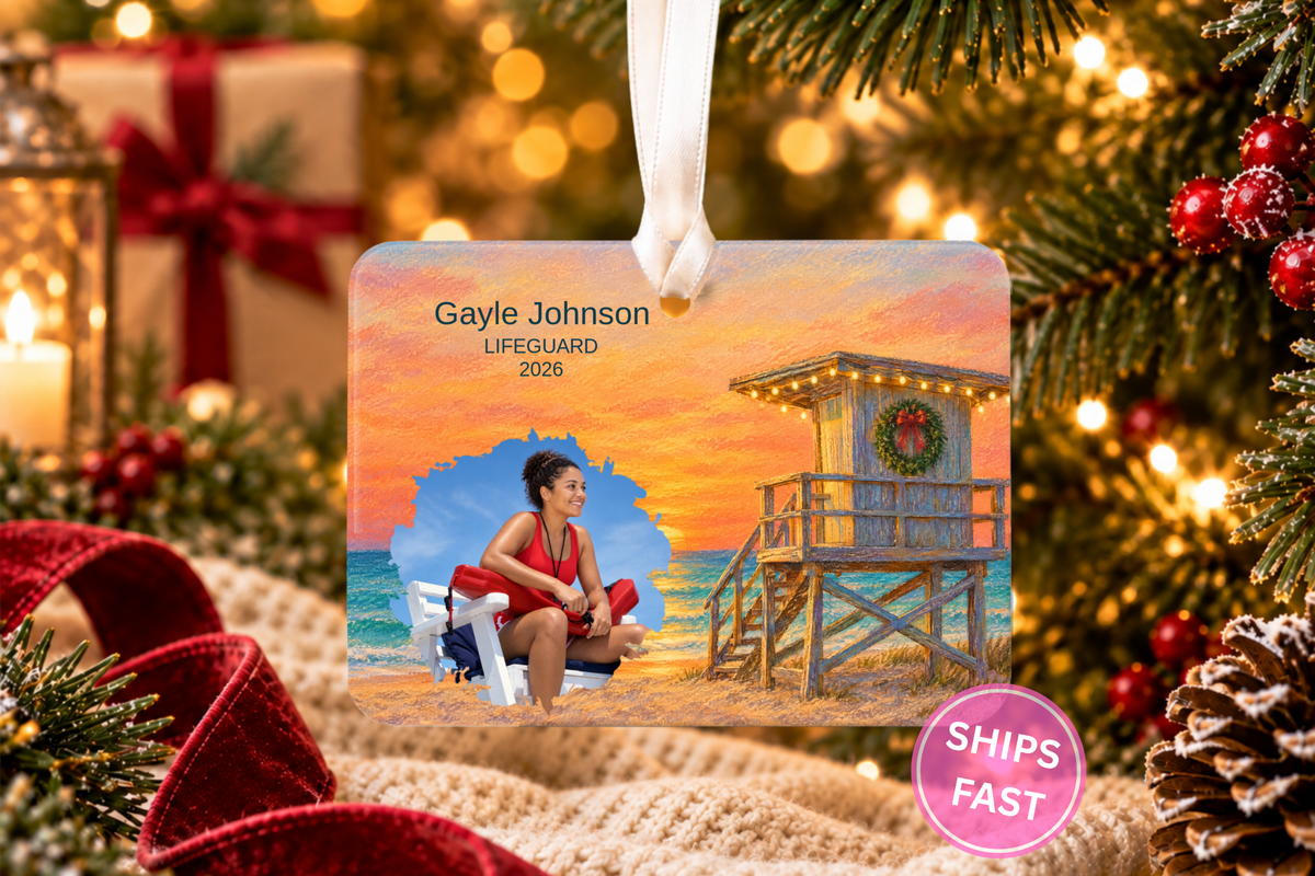 Lifeguard personalized 4 x 3 in ceramic Christmas ornament