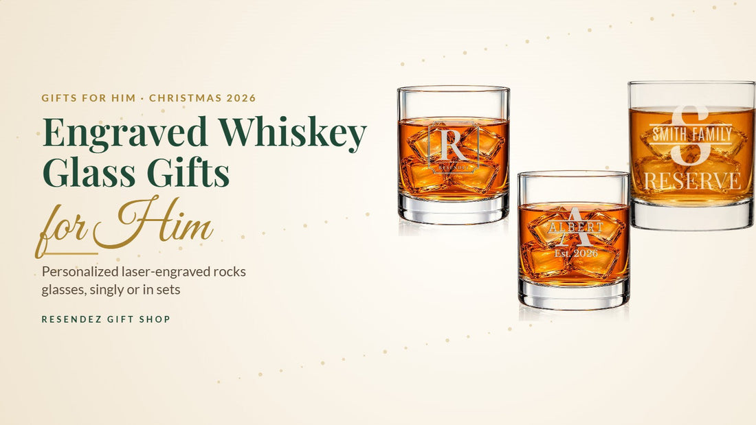 Engraved whiskey glass Christmas gifts for him: personalized laser-engraved rocks glasses from Resendez Gift Shop