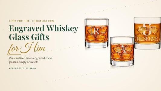 Engraved whiskey glass Christmas gifts for him: personalized laser-engraved rocks glasses from Resendez Gift Shop