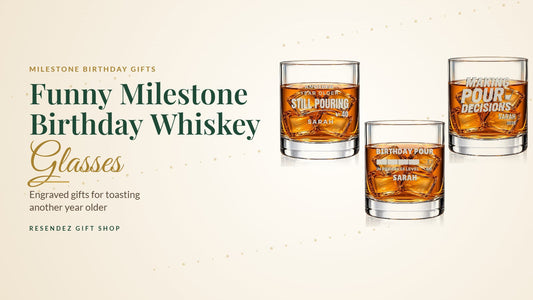Funny milestone birthday whiskey glasses with engraved birthday designs from Resendez Gift Shop