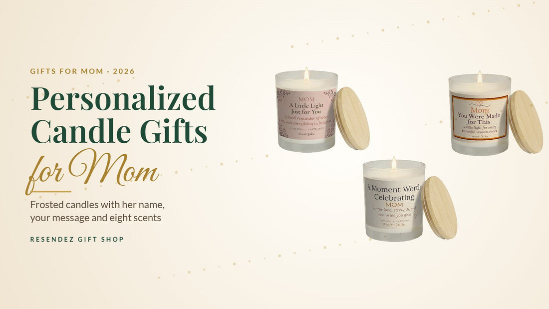 Personalized frosted candle gifts for mom with wooden lids from Resendez Gift Shop