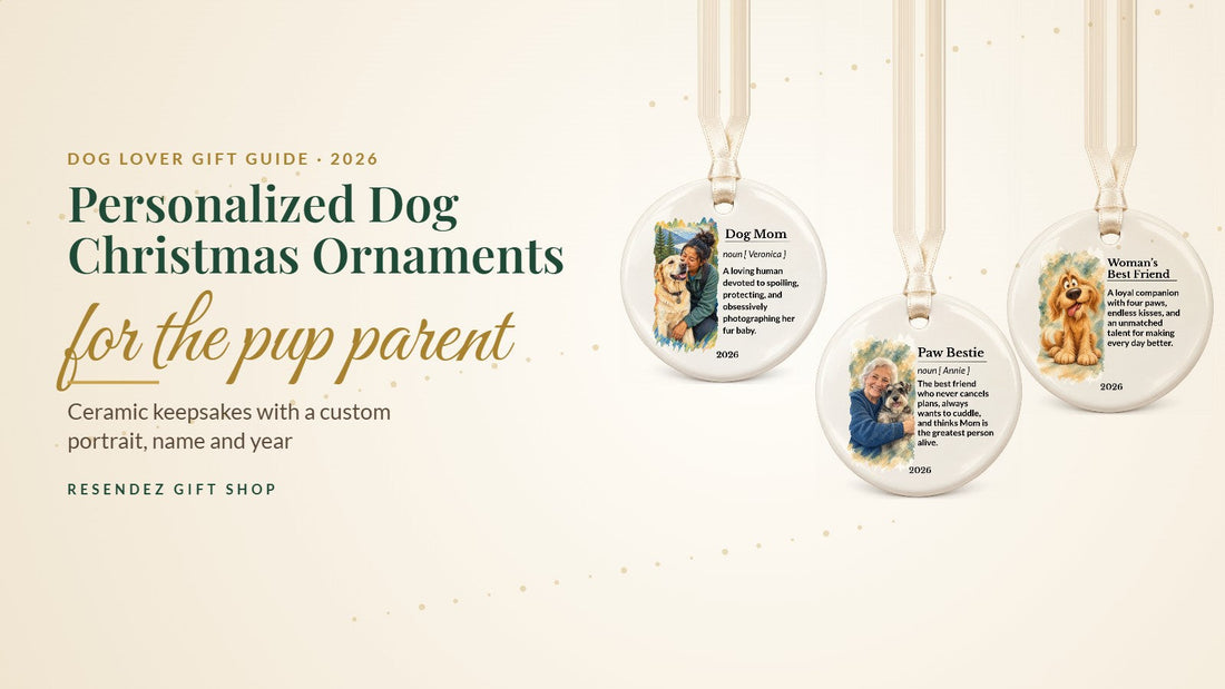 Personalized dog Christmas ornaments for dog moms and dog dads from Resendez Gift Shop