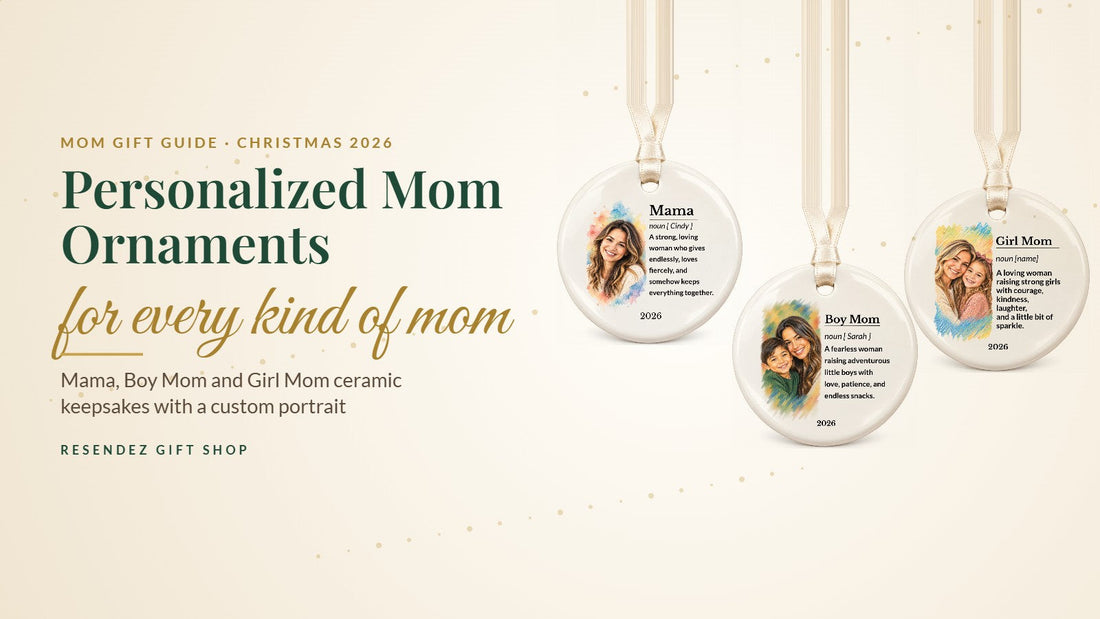 Personalized Mama, Boy Mom and Girl Mom Christmas ornaments from Resendez Gift Shop