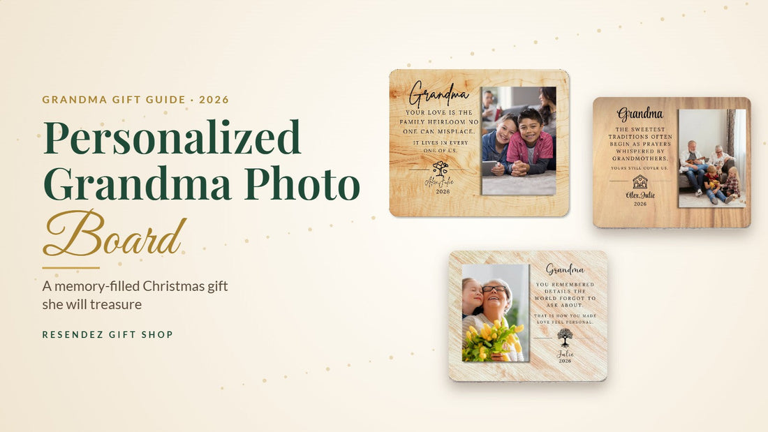 Personalized Grandma Photo Boards with family photos on wood-look backgrounds, from Resendez Gift Shop