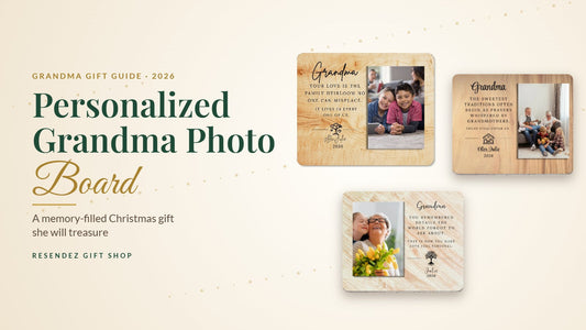 Personalized Grandma Photo Boards with family photos on wood-look backgrounds, from Resendez Gift Shop