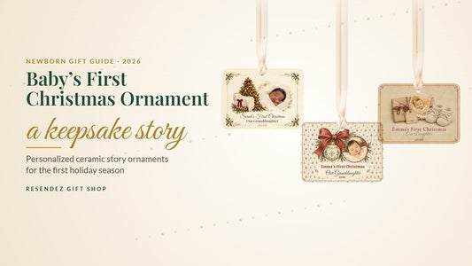 Baby's First Christmas personalized story ornaments from Resendez Gift Shop