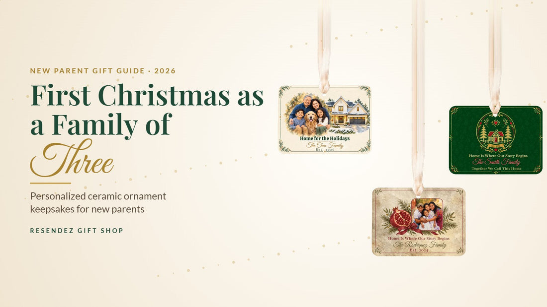 First Christmas as a Family of Three personalized ceramic ornaments from Resendez Gift Shop hanging on ribbons