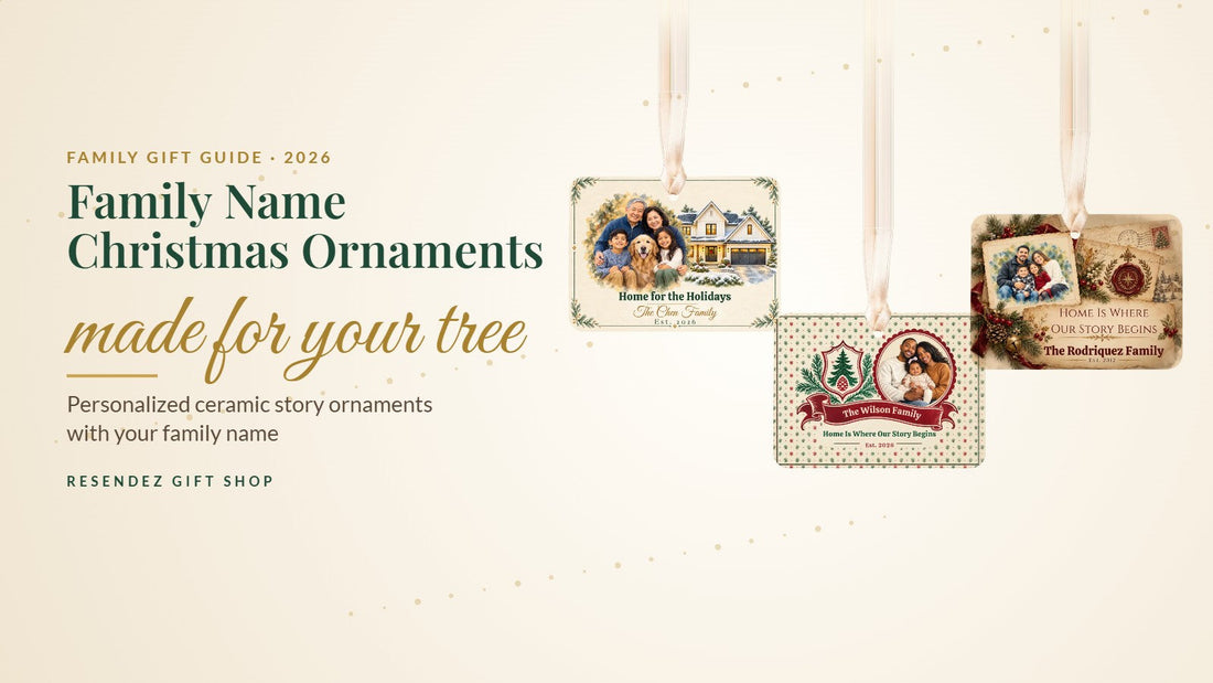 Personalized family name Christmas ornaments from Resendez Gift Shop