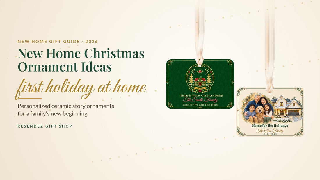 New home Christmas ornaments personalized with a family name from Resendez Gift Shop