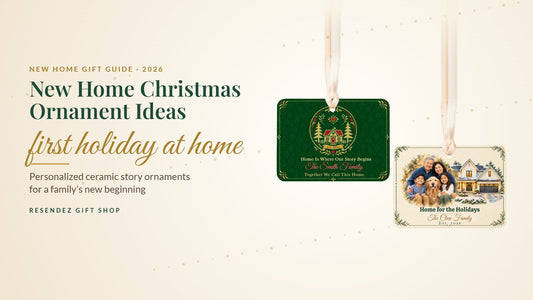 New home Christmas ornaments personalized with a family name from Resendez Gift Shop
