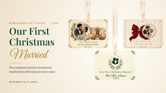 Personalized First Christmas Married ceramic ornaments hanging on ribbons, Resendez Gift Shop newlywed gift guide