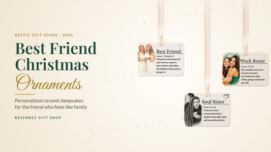 Best Friend Christmas Ornaments: personalized ceramic keepsakes from Resendez Gift Shop hanging on ribbons