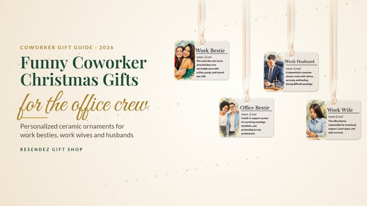 Funny coworker Christmas ornaments for work besties, work wives and work husbands from Resendez Gift Shop