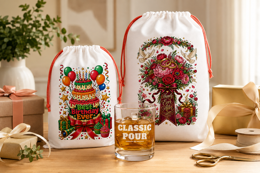 Birthday gift sack, wedding gift sack, and engraved whiskey glass arranged on a warm gift-wrapping table