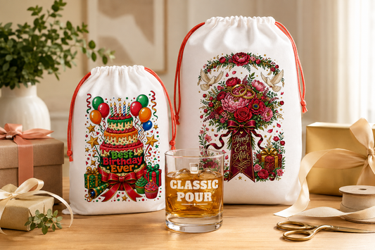 Birthday gift sack, wedding gift sack, and engraved whiskey glass arranged on a warm gift-wrapping table