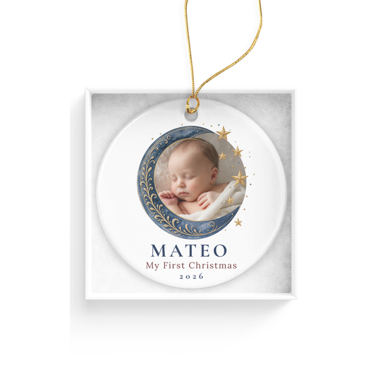 DESIGN E - Baby Photo personalized round ceramic baby's first Christmas ornament design in gift box