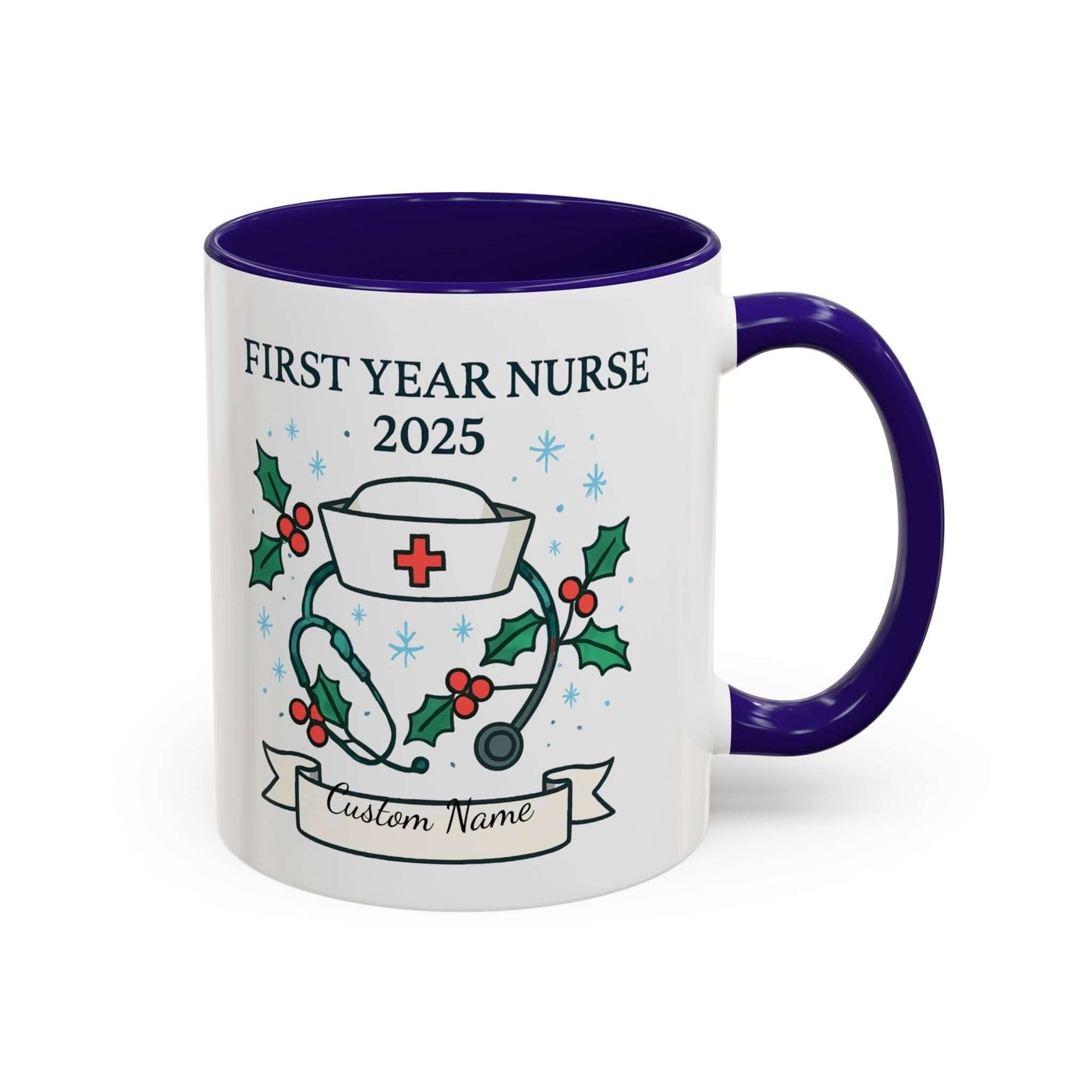 Personalized first year nurse mug with festive design and customizable name for 2025 graduation.